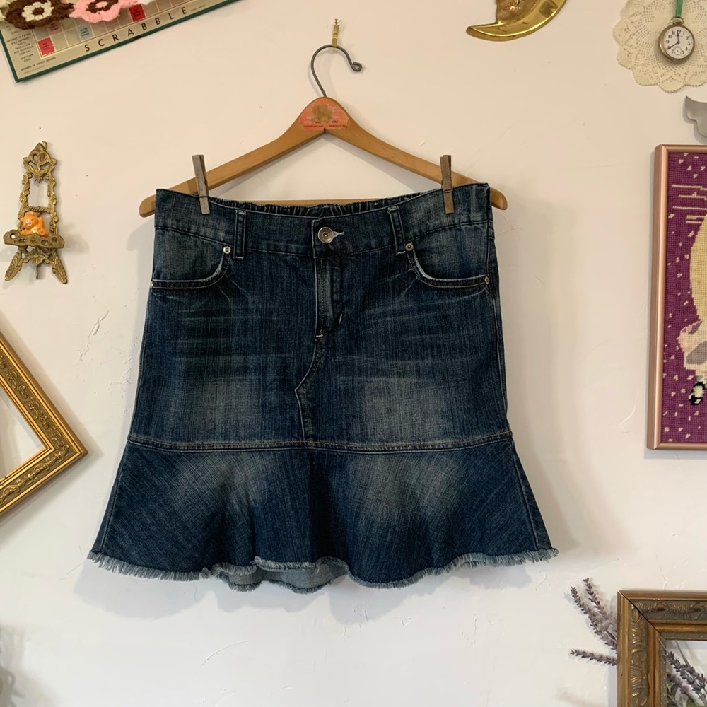 Y2K Dark Wash Denim Skirt With Ruffle Hem Mudd Size 10
